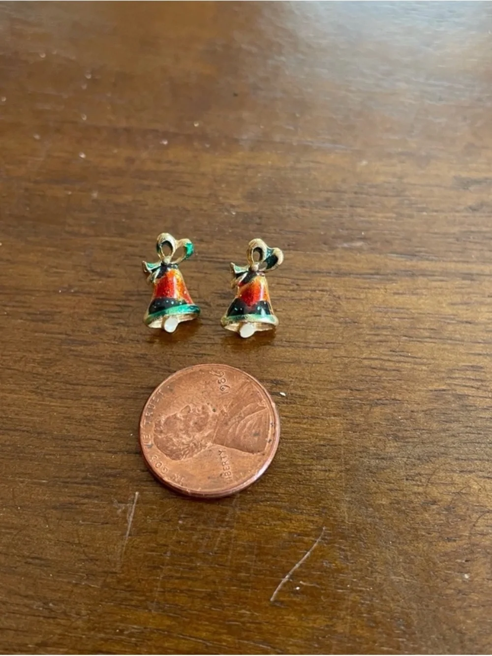 Gold-tone Red and Green Bell Charm Earrings